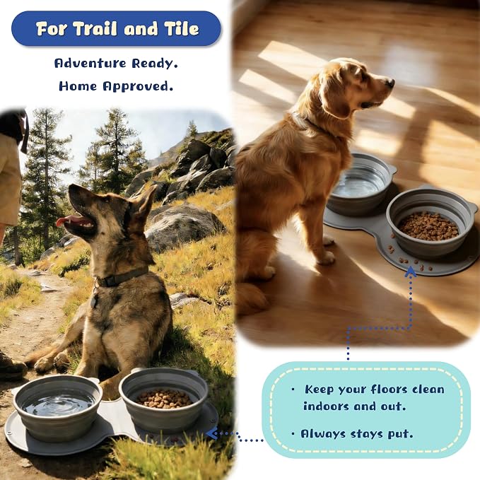 Premium Silicone Collapsible Dog Bowl with Carabiner Clip, 2-in-1 Foldable Double Pet Food & Water Travel Bowl, Portable No-Spill Design for Walking Hiking Camping, for Small Medium Dogs - Image 3