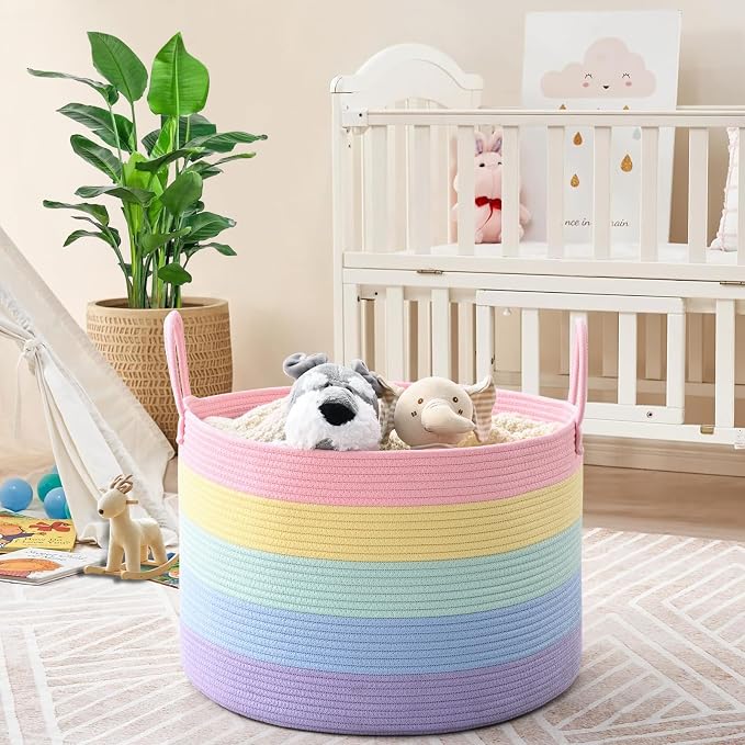 67L Large Rainbow Blanket Basket, Cotton Rope Baby Laundry Hamper with Handles, Kids Toy Basket for Classroom & Nursery, Soft Round Stuffed Animal Storage, Dog Toy Bin - 20"x13", Light Rainbow - Image 8