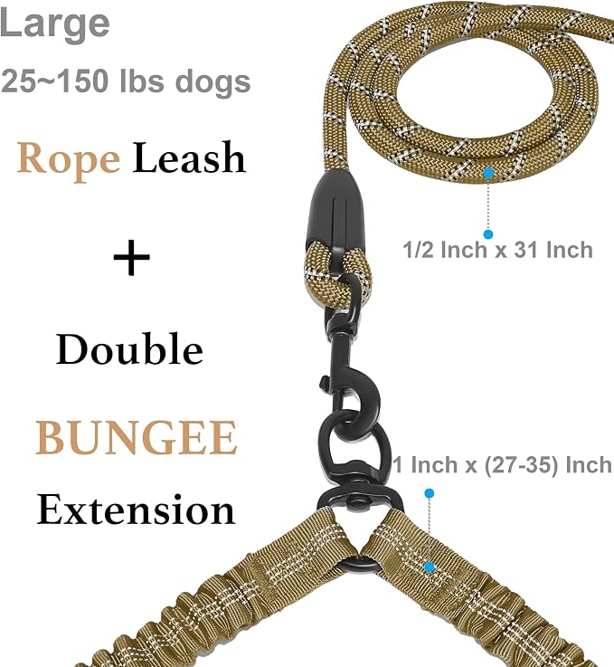 Double Dog Leash, 360° Swivel, No Tangle, Large, 25-150 lbs, Khaki | Dual Leash for Two Dogs, Split Leash, Shock-Absorbing Bungee, Padded Handle, Heavy-Duty Rope - Image 2