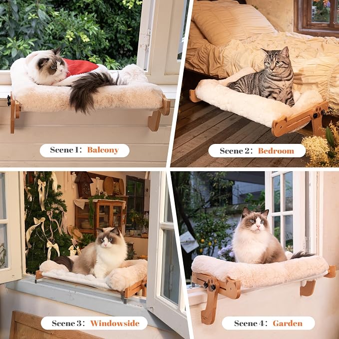 Cat Window Perch with Washable Bolster, Fluffy Cats Hammock Bed for Window, Adjust Wooden Seat for Kitten Bedside Windowsill, Wooden Cats Furniture(Thickened White) - Image 6
