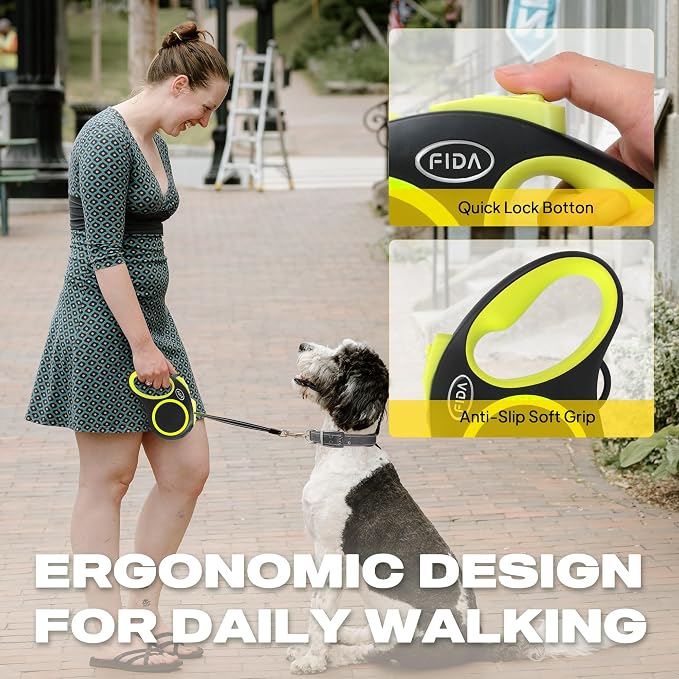 Fida Retractable Dog Leash, Reflective 16ft Heavy Duty Pet Walking Leash for Medium/Large Dog up to 110 lbs, Tangle Free. One-Hand Brake (Large, Neon Yellow) - Image 6