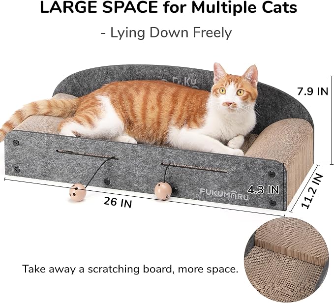 FUKUMARU Large Cat Scratcher Bed, 26 Inch Cat Scratching Bed Sofa Indoor | Cardboard Cat Scratcher with 2 Reversible Scratch Pad Refills, Durable Large Cat Scratching Lounger with Ball Toy, Grey - Image 6