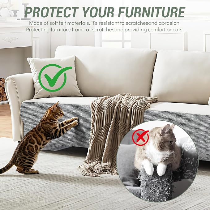 SEPAZON Cat Scratch Couch Furniture Protector, 39.3x15.8In | Adhesive, DIY Wall Climbing Carpet, Couch Protector from Cat Claws, Cat Scratching Mat Pad for Sofa Corner, Door, Light Grey - Image 4