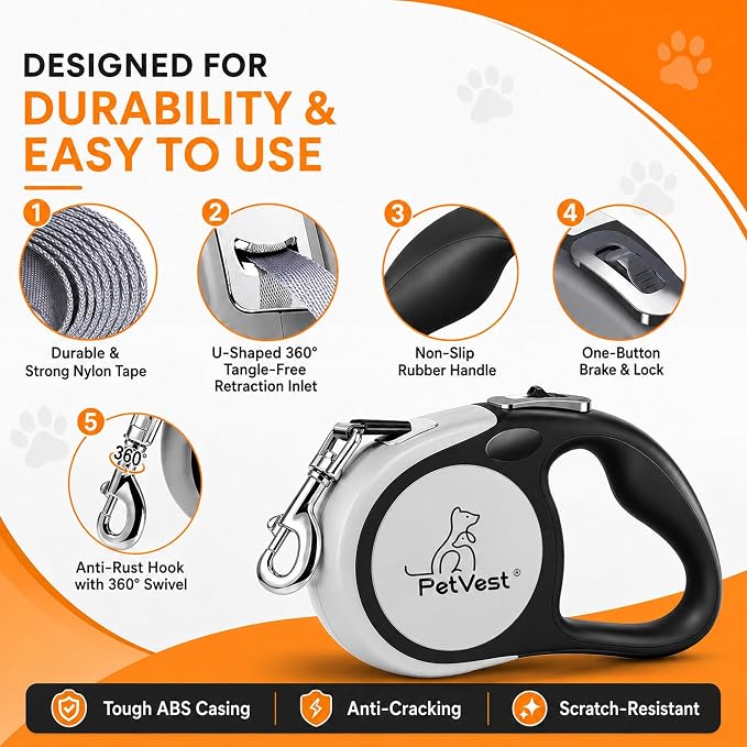 Dual Retractable Dog Leash,10 FT Tangle-Free Leash for 2 Dogs, Detachable for Single Use,One-Button Brake & Lock, Up to 44 lbs Each, 360° Swivel, Non-Slip Handle + Poop Bag Holder (Grey) - Image 4