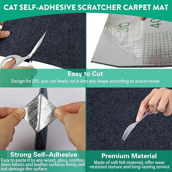 Trimmable Cat Scratcher Mat, Self-Adhesive Cat Scratching Carpet Pad Replacement for Cat Tree Shelves, Cat Steps and Posts, DIY Cat Scratch Couch Furniture Protector (Dark Blue, 39.4"x15.8") - Image 3