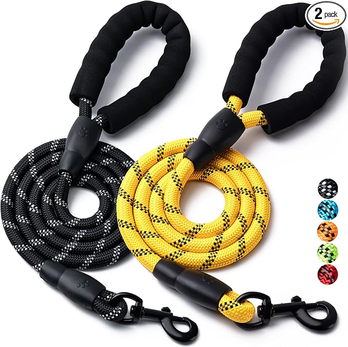 2 Pack Dog Leash, Heavy Duty Nylon Rope Pet Leashes(5FT-1/2,Black/Yellow) | Comfortable Padded Handle, Anti-tangle Swivel Clip, Reflective for Night Walks and Training, Climbing Rope for Strong Pullers by BOOMIBOO
