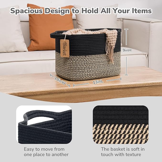 Goodpick Woven Storage Basket for Shelves, Rectangle, Black & Jute | 13" × 10" × 9" Stylish Gift Basket for Home Decor, Wicker Baskets for Shoes, Toys & Books Storage, Reinforced Handles - Image 3