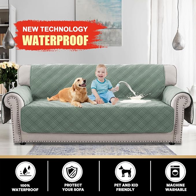 PrinceDeco 100% Waterproof Couch Cover for 3 Cushion Couch Sofa Pet Friendly Non-Slip Couch Cover for Dogs Washable Water Resistant Furniture Protector with Elastic Straps(Sofa 68", Lily Pad) - Image 2