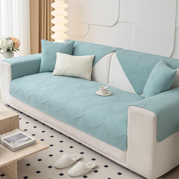 vctops Cotton Quilted Couch Covers for Sectional Sofa (Blue,43"x94") | Geometric Washable Non Slip Sofa Slipcover for Dogs, Children, Pets Furniture Protector Cover - Image 5