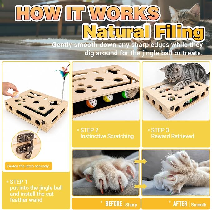 Cat Scratch Puzzle Enrichment Box, Interactive Cat Toy for 3 Balls & 2 Wand | Integrated Cat Nail File Scratcher - Stress Free Alternative to Clippers & Grinders for Indoor Cats - Image 6