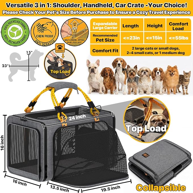 PAWZIDEA Expandable Large Pet Carrier, Soft-Sided 2–4 Cats Carrier Up 55lbs | 24"×16"×16" Collapsible Small to Medium Dog Carrier Travle Bag, Portable Dog Crate for Car Travel, Breathable, Storage Pocket - Image 2