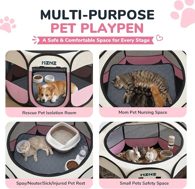 Dog Cat Small Animal Puppy Playpen Crate with Pee Pad, Medium, Pink | Portable Pop Up Pet Cage Enclosure Tent Kennel Indoor Outdoor with Carrying Case, No Assembly, Camping Use - Image 3