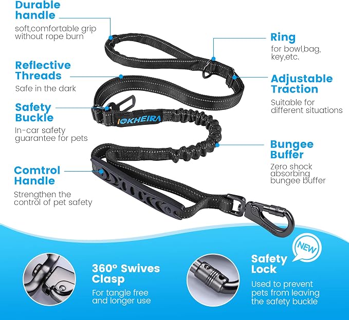 IOKHEIRA 6Ft /4Ft Dog Leash Rope for Large Dogs, Heavy Duty with Comfortable Padded Handle and Highly Reflective Threads,4-in-1 Multifunctional Dog Leashes with Car Seat Belt for Training (Black) - Image 2