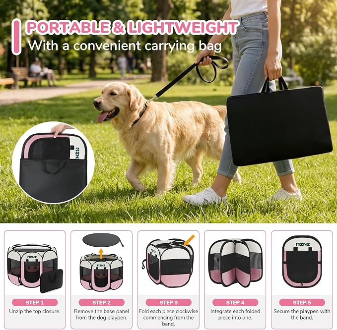 Dog Cat Small Animal Puppy Playpen Crate, Large, Pink | Portable Pop Up Pet Cage Enclosure Tent Kennel Indoor Outdoor with Carrying Case, No Assembly, Camping Use - Image 3