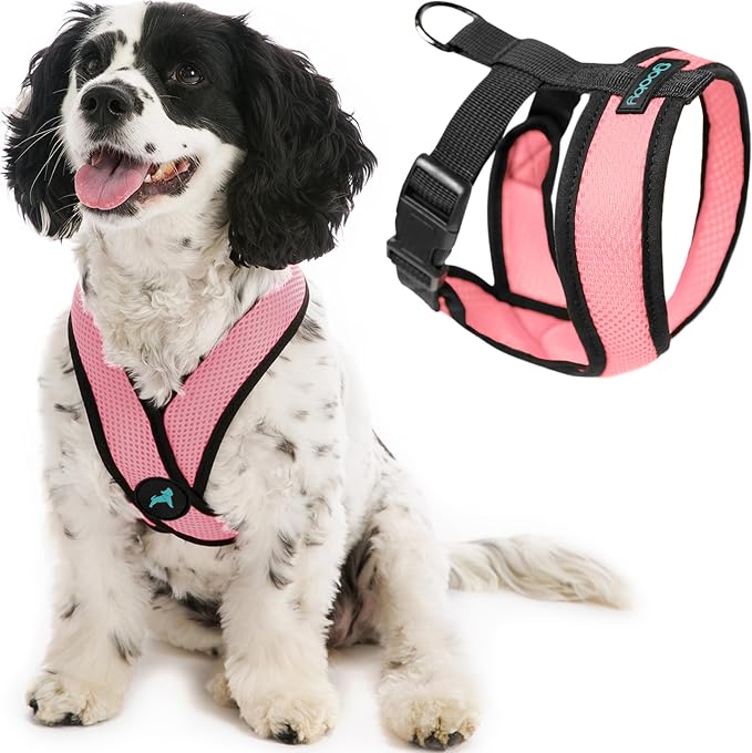 Gooby Comfort X Head-in Dog Harness, Choke-Free, Pink, Medium | Patented choke-free X-frame; Secure head-in fit; Lightweight breathable mesh; Back metal D-ring; Machine washable by Gooby