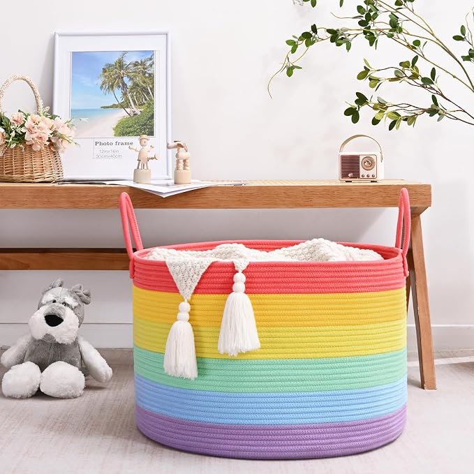 67L Large Rainbow Blanket Basket, Cotton Rope Baby Laundry Hamper with Handles, Kids Toy Basket for Classroom & Nursery, Soft Round Stuffed Animal Storage, Dog Toy Bin - 20"x13", Rainbow - Image 2