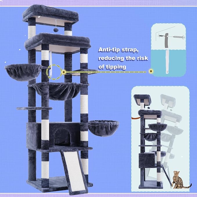 Hey-brother Cat Tree Tower with Extra Large Platform and Basket, MPJ080G | 71.7 Inches Scratching Posts with Specious Condo, 2 Cozy Hammocks, Scratch Board for Indoor Adult Cats, Maine Coon Smoky Gray - Image 8