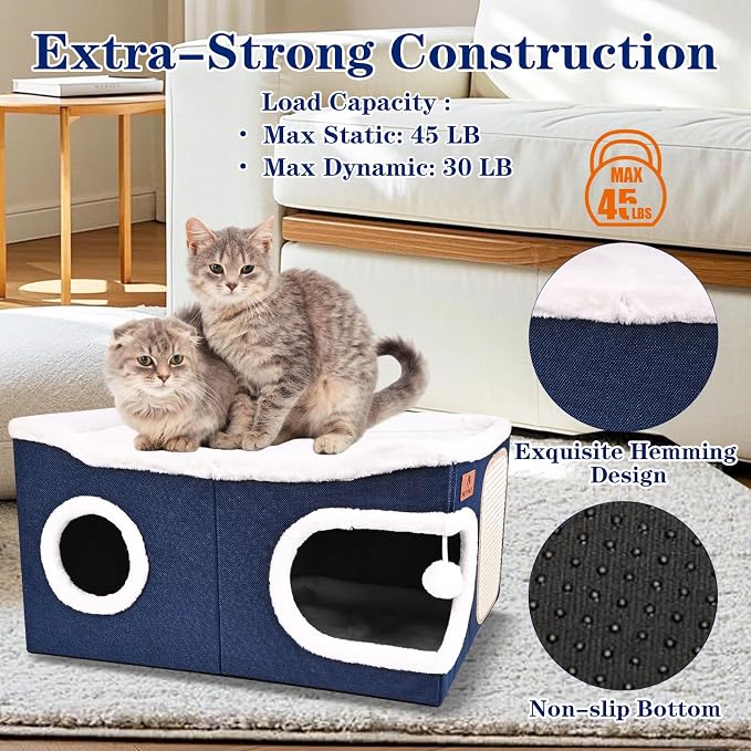 Extra Large Cat Beds for Indoor Cats, Covered Cat Cave Beds & Furniture with Scratch Pad and Fluffy Ball, Foldable Cat Condo Hideaway with Reversible Cushion for Multi Small Pet Large Kittens, Blue - Image 3
