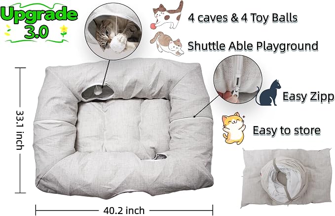 XxingSheep 4 Cave Premium Hemp Fabric XL Cat Tunnel Bed for Indoor Cats Cat Toys Cave Donut with Soft Mat - Image 6