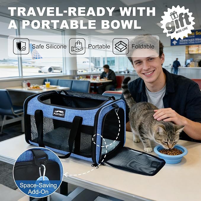 Pet Carrier Airline Approved, Soft Sided Cat Carrier for Small Pets up to 13 lbs, TSA Approved Dog Travel Bag, Portable Soft Sided Pet Carrier for Kittens and Puppies (Blue, Folding Bowl) - Image 3