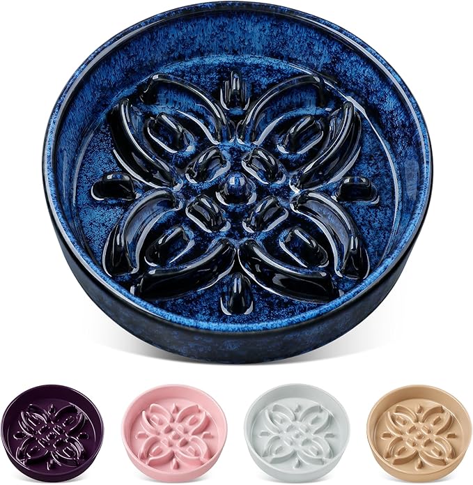 vancasso Ceramic Slow Feeder Dog Bowls, Puzzle Dog Food Bowls with Floral Maze, Anti -Slip Pet Food Dish for Small Breed, 0.6 Cups, Blue by vancasso