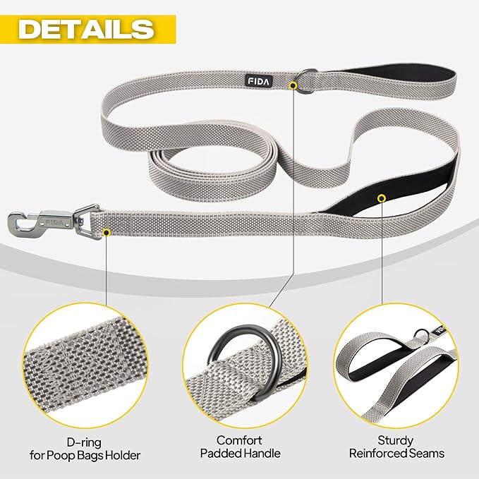 Fida 10 FT Heavy Duty Dog Leash, Dual Padded Handles for Medium Large Dogs | Traffic Handle for Close Control, Advanced Easy Snap Hook, Reflective, Strong Nylon Webbing for Long Walks & Training, Grey - Image 6