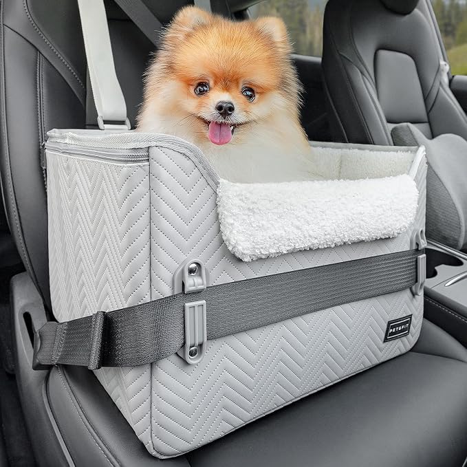 PETSFIT Dog Booster Car Seat, Waterproof PU Leather Dog Car Seats for Small Dogs with Patent Safe Buckles, Clip-On Leash, Pet Car Seat for Small Pets Up to 25lbs (Cool Grey) by Petsfit