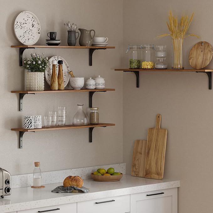 Long Wall Shelves, 39.4Inch Wooden Wall Mounted Shelves, Set of 4 | Large Floating Book Shelf, Metal Brackets, Easy Assembly, Max Load 33lbs, Wall Storage Ledges, Bedroom/Bathroom, Rustic Brown - Image 5