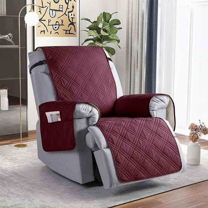 TAOCOCO Waterproof Recliner Chair Covers 30 Inch Wide, Oversized Recliner Covers for Recliner Chair with Pocket, Recliner Slipcovers with Straps Furniture Protector for Kids Pets (30'', Wine) - Image 8