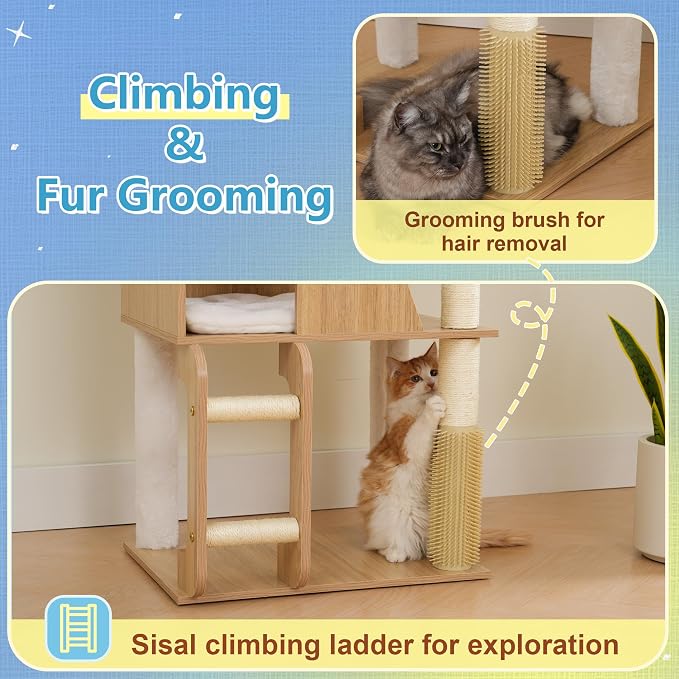 Hey-brother Wooden Cat Tree, Furniture Tower with Large Platforms, MPJ121BT | 69.7 inch, Modern Full Sisal Scratching Posts, Hammocks, Spacious Condo, Ladder, Brush, Water Proof Surface, White Oak - Image 6