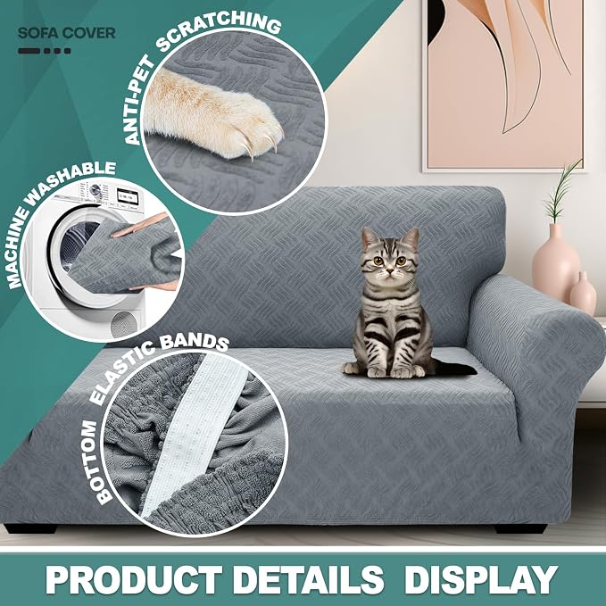YEMYHOM Couch Cover Latest Jacquard Design High Stretch Sofa Covers for 2 Cushion Couch, Pet Dog Cat Proof Loveseat Slipcover Non Slip Elastic Furniture Protector (Medium, Leaf Pattern Light Gray) - Image 4
