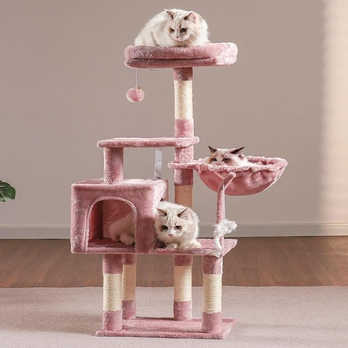 Heybly Cat Tree with Toy, 43.3 inch Cat Tower condo for Indoor Cats, Cat House with Padded Plush Perch, Cozy Hammock and Sisal Scratching Posts, Skin Pink HCT004SP - Image 3