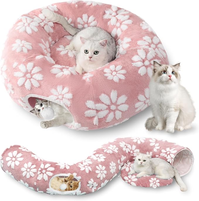 Cute Round Cat Tunnel for Indoor Cats, Pink | Peekaboo Cat Cave with Dangling Balls, Pet Donut Tunnel Bed with Circle Mat for Puppy Kitten Rabbit by Yaning