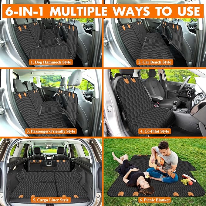 Waterproof Dog Car Seat Cover for Back Seat, Pet Hammock- S, Black/Orange | Durable waterproof hammock with nonslip design & storage pockets. Protects seats from scratches, fits cars, SUVs & trucks. - Image 6