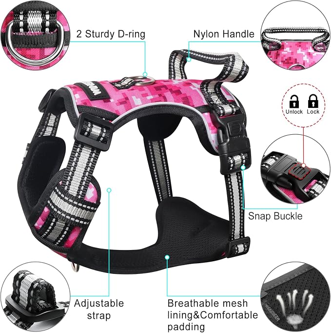 Dog Harness No Pull, Pet Harnesses with Dog Collar, Adjustable Reflective Oxford Outdoor Vest, Front/Back Leash Clips for Small, Medium, Large, Extra Large Dogs, Easy Control Handle for Walking - Image 4