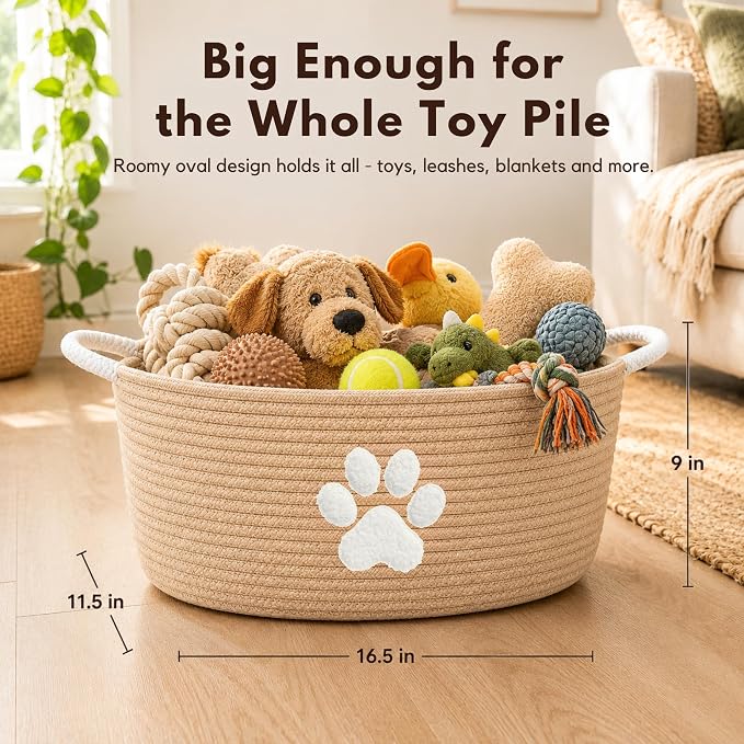 Dog Toy Basket with Handles, Boho Cotton Rope Storage Bin Organizer | Warm boho dog toy organizer, natural woven look. Holds toys, blankets & leashes. Spot washable, collapsible rope bin - Image 3