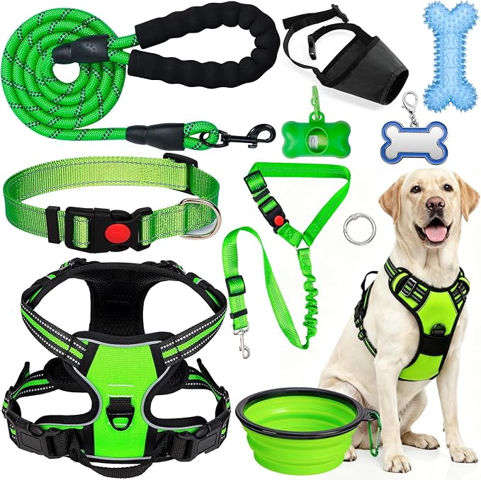 No Pull Dog Harness Adjustable Collar & Leash Set - Dog Halter Harnesses Collapsible Bowls & Poop Bag Dispenser Muzzle ID Tags Toys Fits Small Medium Large Dogs (Green-XL) by Unknown