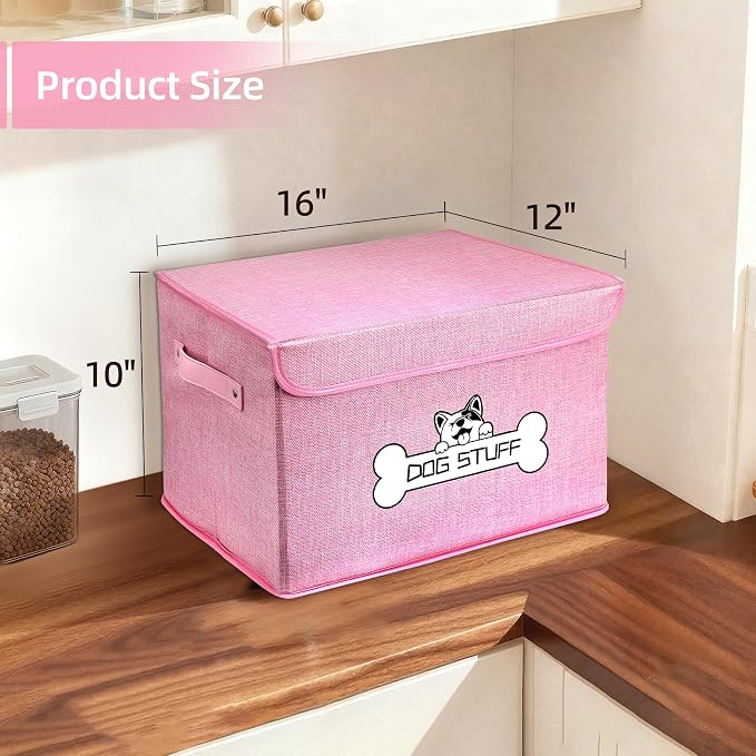 Dog Toy Basket with Lid, Collapsible Box for Pet Accessories | Storage Bin for Living Room, Fabric Container with Handle, Organizer for Small Medium dogs, Pink - Image 2