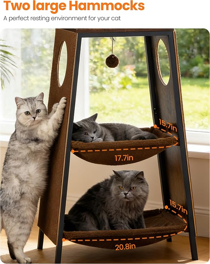 56in Modern Wood Cat Tree Tower for Indoor Cats with Hammock | Multi-Level Climbing Design, 2 Spacious Hammocks, Perch, Cat Condo, Scratching Board, Ideal for Multi-Cat Homes, Rustic Brown - Image 2