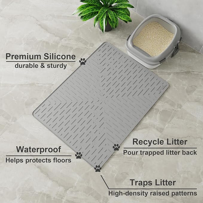 Large Cat Litter Mat, 31.5x23.6 Silicone Trapping Mat Grey | for Kitty Litter Box, Easy Clean, BPA Free Rubber, Center Litter Collection, Easy Pour-Back, Waterproof, Odor-Resistant - Image 2