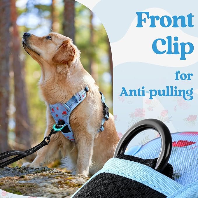 rabbitgoo Dog Harness Medium Sized, Updated Easy On & Off with 3 Buckles | No Pull No Choke, Walking with 2 Clips and Handle, Adjustable Soft Reflective, Floral Blue, Medium - Image 7