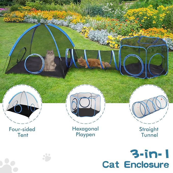 3-in-1 Outdoor Cat Enclosure, Portable Catio Tent with Tunnel | 2 Rooms & 1 Tunnel, Breathable Mesh, Carry Bag, Interactive Toys, Multi-Entry Doors, Indoor & Outdoor Use for Small pets - Image 2