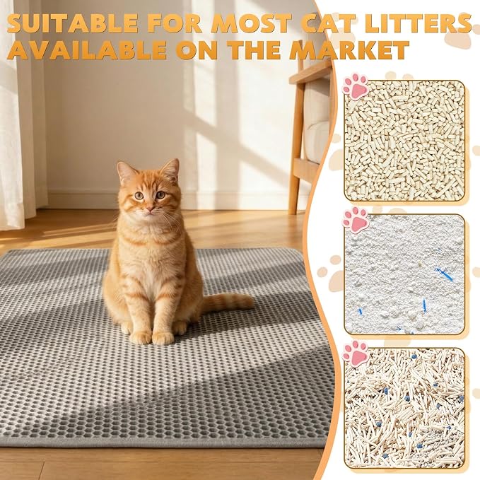 Cat Litter Mat 46"x26", Double Layer Waterproof Litterbox Mat, Gray | Non-slip backing, washable for easy cleanup, traps stray litter with waterproof honeycomb large grid that is urine-proof. - Image 4