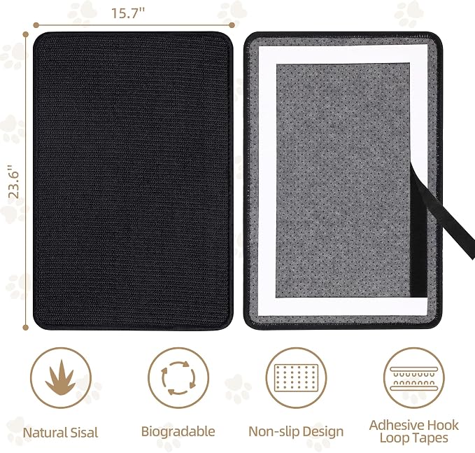 Graciadeco Black Cat Scratching Mat Sisal, 2 Packs Sisal Fabric Large Cat Scratching Pad for Indoor Cats with Adhesive Hook Loop Tape, Wall Scratchers for Indoor Cats 23.6" x 15.7" - Image 2
