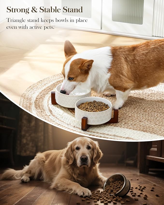 MALACASA Dog Bowl Set, Ceramic Bowls with Walnut Wood Stand, 3.5 Cups | Five-Leaf Grass and Honeycomb Design, Non-Slip Base, for Cats and Dogs, About 26% Heavier than Similar Ceramic Bowls - Image 6