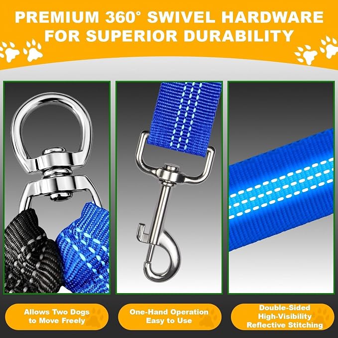 Double Dog Leash for Two Dogs, Professional No Tangle 360° Swivel Coupler with Shock Absorbing Bungee, Adjustable Length Dual-Sided Reflective Two Dogs Lead Splitter for Small Medium Large Dog - Image 3