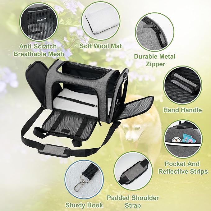 Soundy Large Cat Carrier Dog Carrier Under 25 Lbs,Collapsible Ventilated Portable Pet Bag with Soft Sided Breathable Mesh for Long Car Trips Maxi Load 2 Kittens or Small, Medium Dog (Large Grey) - Image 4