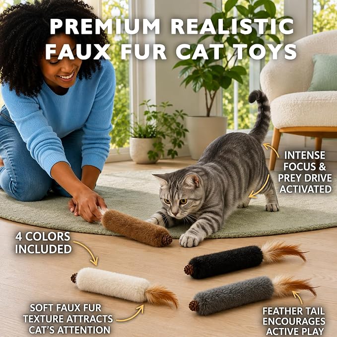 4 Pack Faux Rabbit Fur Catnip Toys with Silvervine Gall Fruit - Silent Interactive Cat Toys with Feathers, Perfect for Chewing and Chasing for Indoor Cats and Kittens - Image 3