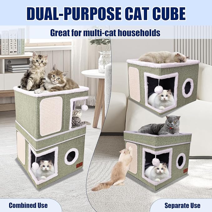 2-Story Cat House for Indoor Cats, Dual-Purpose Cave Bed with Scratch Pad and Fluffy Ball, Foldable Cat Hideaway, Cute Condo Furniture for Multi Small Pet Kitten, Green - Image 3