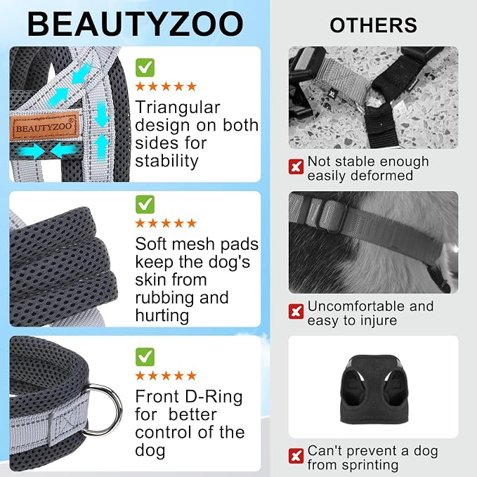 BEAUTYZOO Small Dog Harness and Leash Set, No Pull Step in Puppy Vest | Breathable Mesh with Handle, Reflective, Adjustable No Choke Escape Proof, Lightweight, Easy Control for Walking, Grey S - Image 5